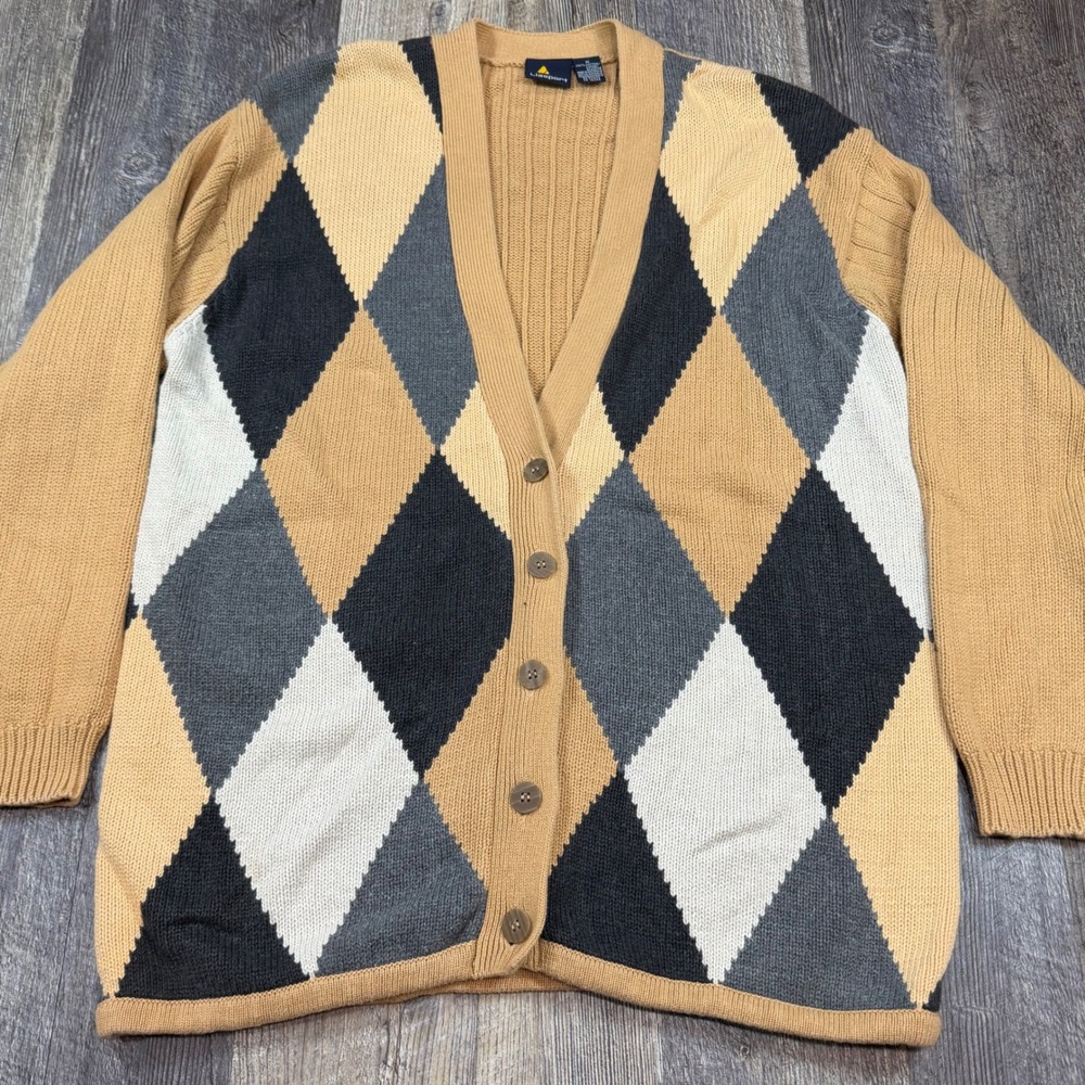 Vintage Liz Sport Argyle Cardigan Sweater Mens M‎ Tan Heavyweight Grandpa Preppy